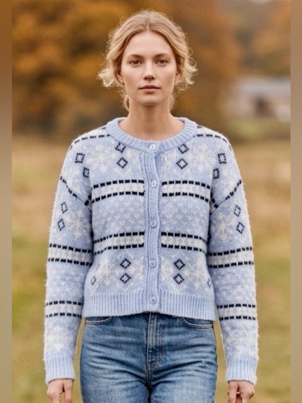 Freshman 1996 Woman’s Light Blue Patterned Button-Up Cardigan M, XL